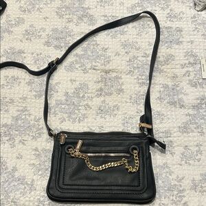 Gussaci Black Leather Crossbody Bag with Gold Chain